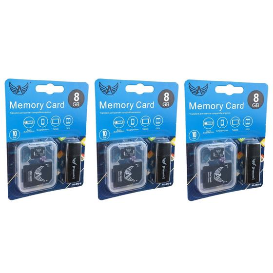 Imagem de Kit 3 Cartão de Memória 8Gb Micro Sd Classe 10 Com 2 Adaptadores Para Utilizar em Diversos Dispositivos