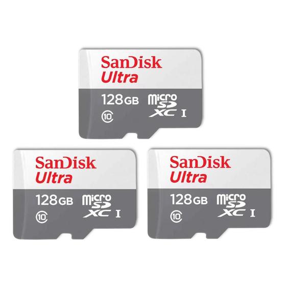 Imagem de Kit 3 Cartão Memória Micro SD Sandisk 128GB Classe 10 Ultra