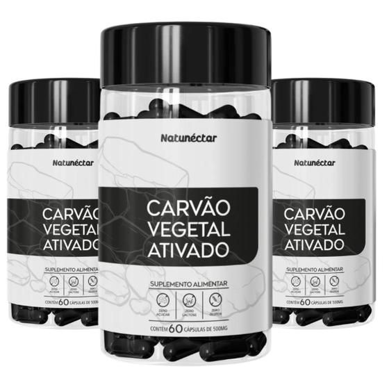 Imagem de Kit 3 Carvão Vegetal Ativado Puro Suplemento Alimentar Natunéctar Legitimo Mineral Pó Original 180 Cápsulas