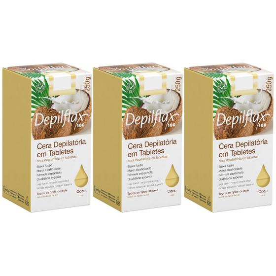 Imagem de Kit 3 Cera Quente Depilatória Depilação Profissional Coco Depilflax Barra 250g