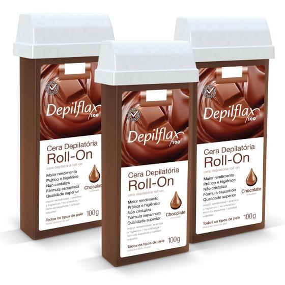 Imagem de Kit 3 Ceras Roll-on Depilatória Chocolate Refil Depilflax