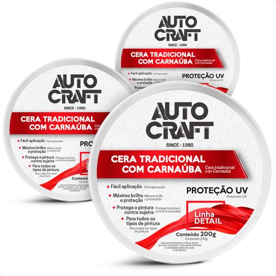 Imagem de Kit 3 Ceras Tradicional com Carnaúba Autocraft Proteção Uv Pasta 200g