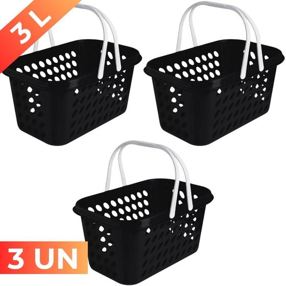 Imagem de Kit 3 Cesta Cestinha Plástica Supermercado Compras 3L c/ Alça Resistente Leve Mulituso Portátil