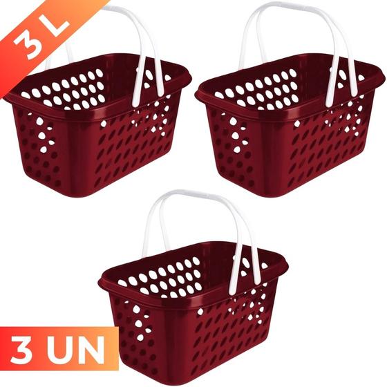 Imagem de Kit 3 Cesta Cestinha Plástica Supermercado Compras 3L c/ Alça Resistente Leve Mulituso Portátil