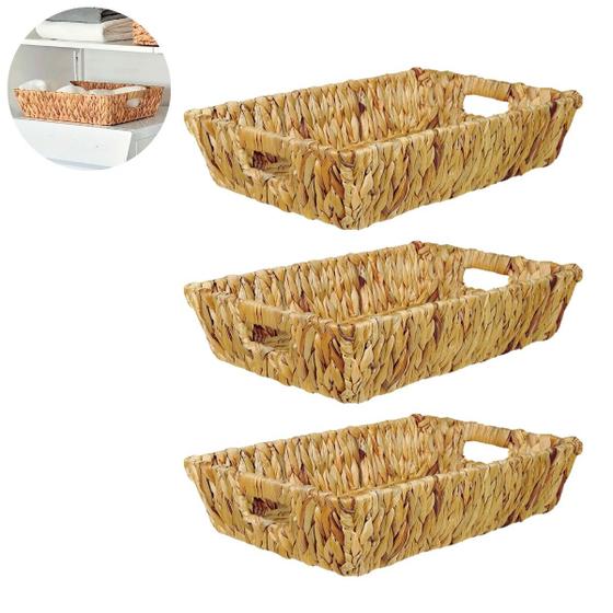 Imagem de Kit 3 Cestinhos organizadores palha natural com alça cesta decorativa servir fruta pães café cozinha