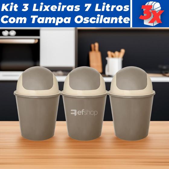 Imagem de Kit 3 Cesto De Lixo Lixeira c/ Tampa Basculante 7L de 37cm