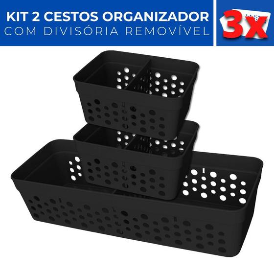 Imagem de Kit 3 Cesto Organizador Rattan c/ Divisória Removível Mini M