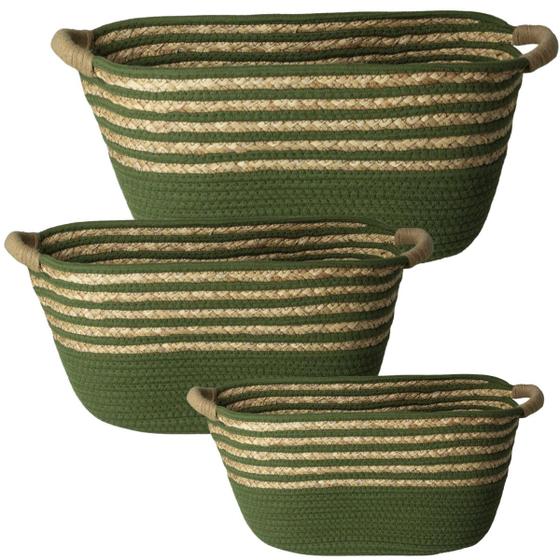 Imagem de Kit 3 Cestos Fibra Natural E Algodão C/Alça Verde 3 Tamanhos