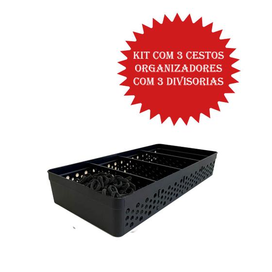 Imagem de Kit 3 Cestos Organizador Multiuso Com 3 Divisórias Removível Azul / Branco / Cinza / Preto / Rose / Verde