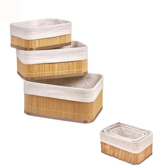 Imagem de Kit 3 Cestos Organizadores de Bambu Multiuso com Forro