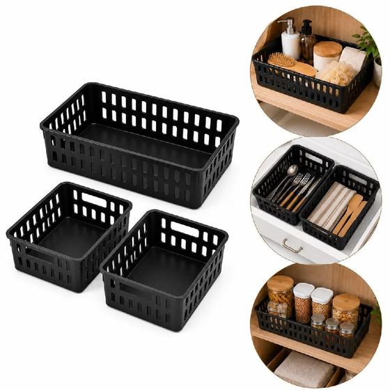 Kit 3 cestos organizadores multifuncionais modulares caixa para gavetas armário cozinha escritório lavanderia quarto por