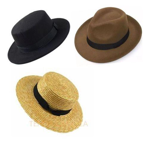 Imagem de Kit 3 Chapeu Chapeu De Palha Natural E Feltro Boater Fedora