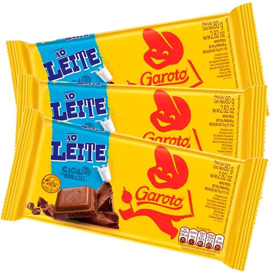 Kit 3 Chocolate Garoto 80g Ao Leite cada Chocolate / Barra de