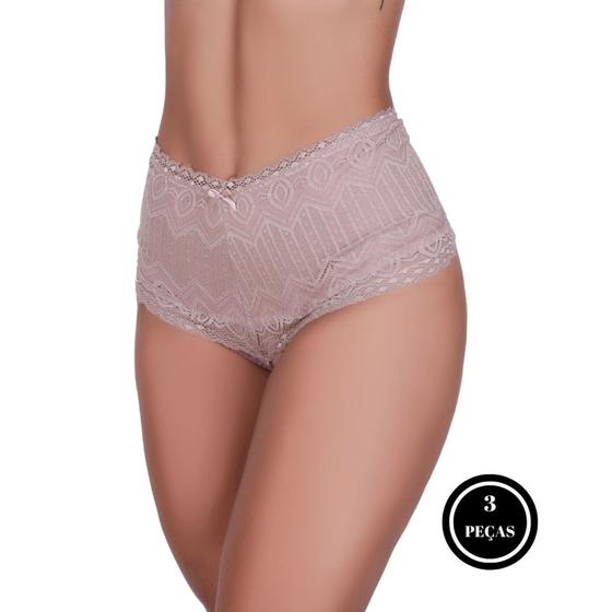 Imagem de Kit 3 Cinta de Algodão com Detalhe em Renda Calcinha Cós Alto Modeladora Karen