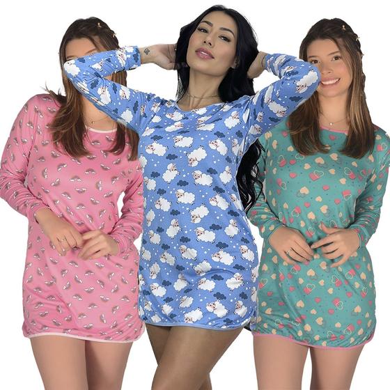 Imagem de Kit 3 Cmisolas Modelo Moda Comprida Pijama Feminino