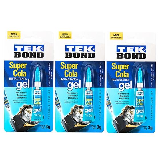 Imagem de Kit 3 Cola TekBond Instantânea Gel 3g Não Escorre Resistente