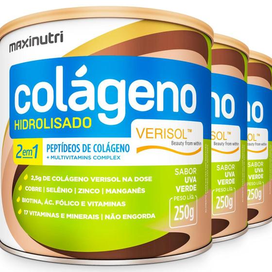 Imagem de Kit 3 Colágeno Hidrolisado Verisol Cobre Selênio Zinco Manganês Biotina Ácido Fólico e Vitaminas 2 em 1 250mg Sabor Uva Verde Maxinutri