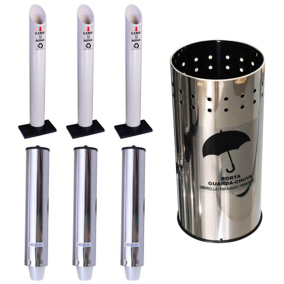 Imagem de Kit 3 Coletores Individuais Água PVC + 3 Dispensers Redondos 200ml Inox + 1 Porta Guarda Chuvas