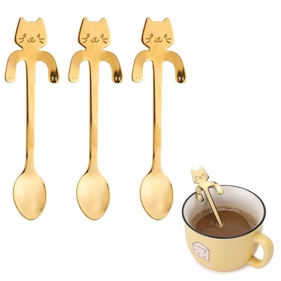 Imagem de KIT 3 Colher de Cafe Gato em Aco Inoxidavel Dourado