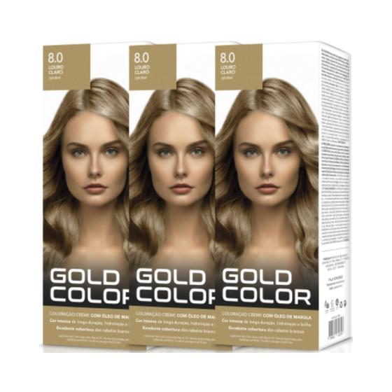 Imagem de Kit 3 Coloracao Creme Louro Claro 8.0 Oleo Marula Gold Color