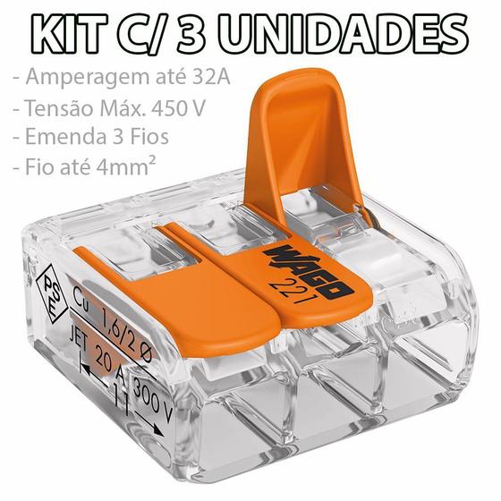 Imagem de Kit 3 Conector Wago Emenda 3 Fios Mod. 221-413