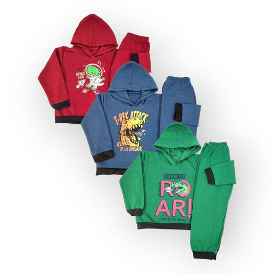 Imagem de Kit 3 conjunto abrigo infantil menino moletom inverno com touca flanelado