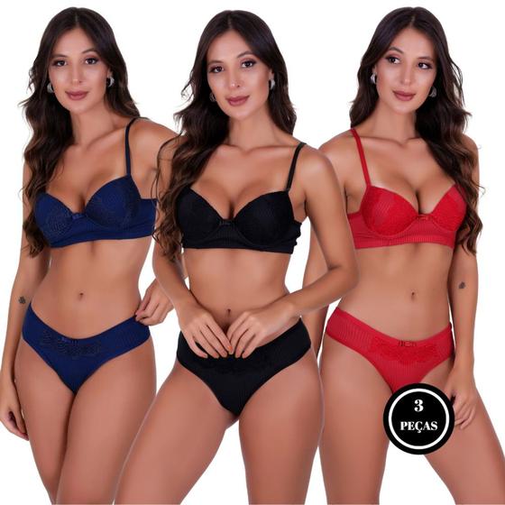 Imagem de Kit 3 Conjunto de Lingerie com Bojo Tecido Canelado Renda - KIT 3 NÁDIA PRETO VERMELHO MARINHO