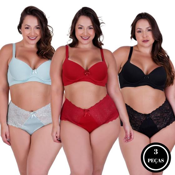 Imagem de Kit 3 Conjunto de Lingerie Plus Size Sutiã Reforçado com renda-c15 KIT 3 PAULA PRETO VERM. VERDE