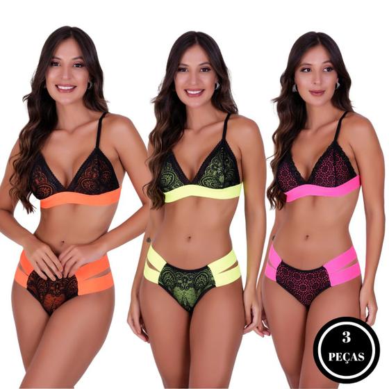 Imagem de Kit 3 Conjunto de Lingerie sem Bojo Neon - KIT 3 CONJUNTO LILIANE ROSA AMARELO LARANJA