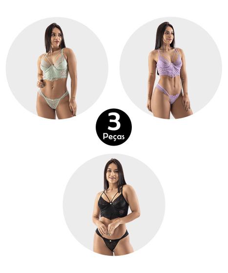 Imagem de Kit 3 Conjunto IMI Lingerie Sutiã Sem Bojo Com Aro Cropped Calcinha Tanga Fio Duplo Renda Dany