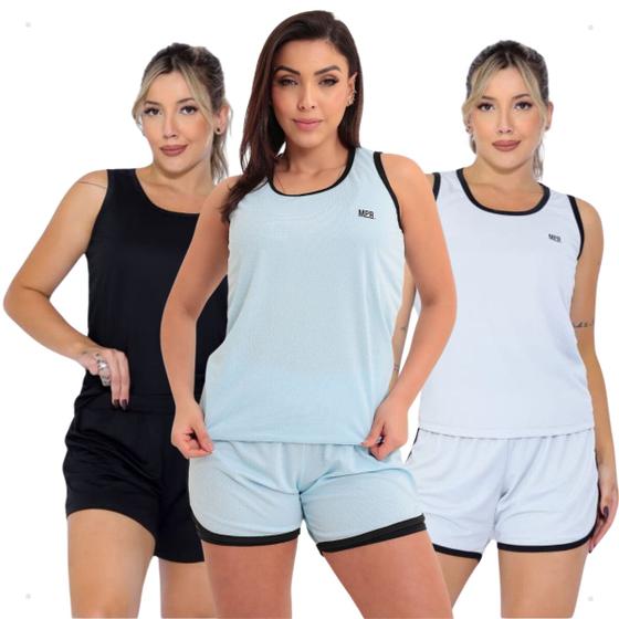 Imagem de Kit 3 Conjunto Short Duplo + Regata Feminino Fitness Treino