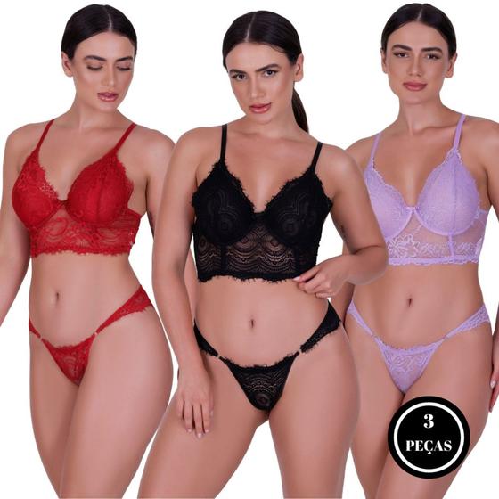 Imagem de Kit 3 Conjunto Sutiã sem Bojo e Calcinha Renda Delicada - KIT 3 ZOE LISO LILAS PRETO VERMELHO