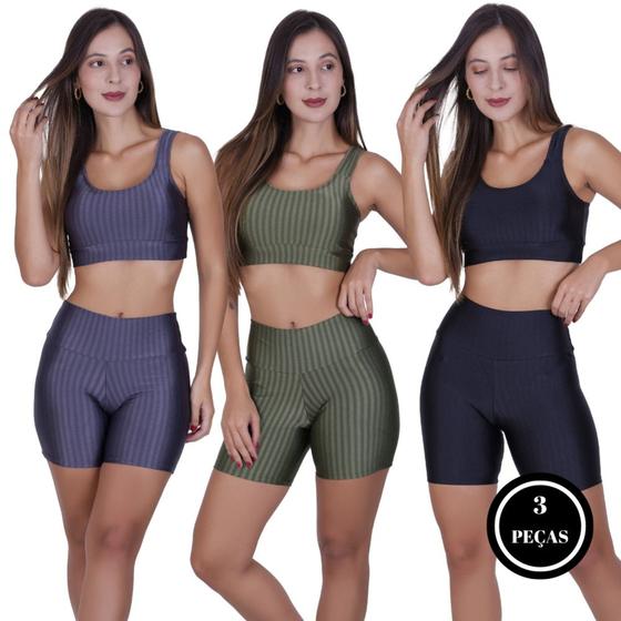 Imagem de Kit 3 Conjunto Top Short 3D Academia Fitness - KIT 3 MICHELE CINZA VERDE PRETO