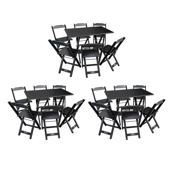 Imagem de Kit 3 Conjuntos de Mesa Dobráveis de Madeira 70x110cm com 6 Cadeiras Preta