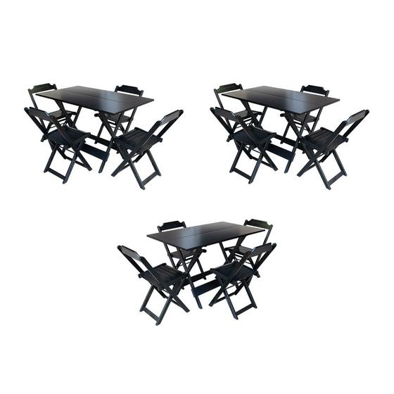 Imagem de Kit 3 Conjuntos de Mesa Dobravel com 4 Cadeiras de Madeira 120x70 para Restaurante e Bar - Preto