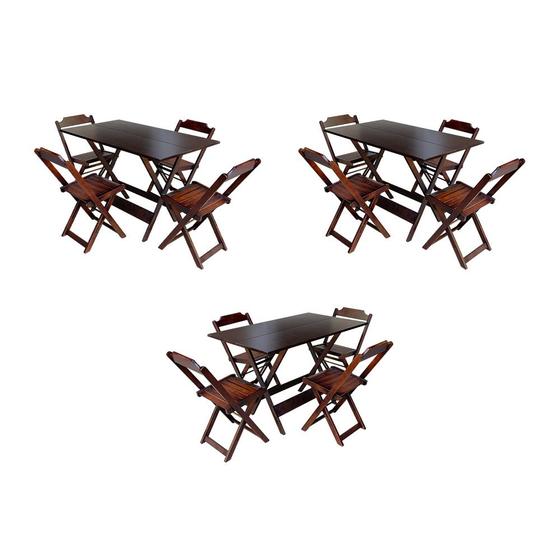 Imagem de Kit 3 Conjuntos de Mesas Dobraveis em Madeira Maciça 120x70 com 4 Cadeiras - Imbuia
