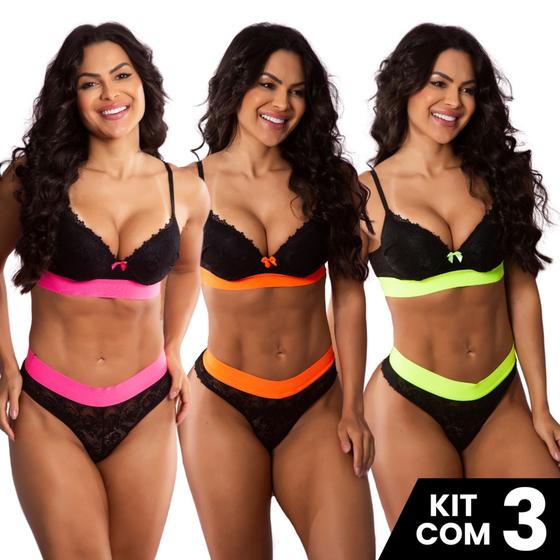 Imagem de Kit 3 Conjuntos de Sutiã com Bojo e Calcinha Fluor com Detalhes