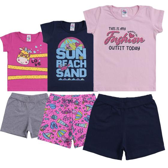 Imagem de Kit 3 Conjuntos de Verão Infantil Menina Camisetas e Shorts em Cotton