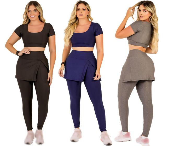 Imagem de Kit 3 Conjuntos Feminino Fitness Calça Legging Saia Abertura Fenda Lateral Com Bolso e Top Cropped  Academia The Start