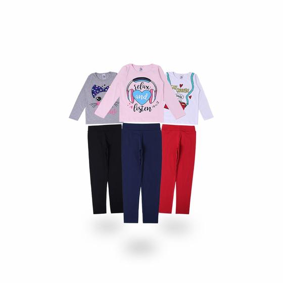 Imagem de Kit 3 Conjuntos Femininos Roupas Infantil Blusas e Calças Legging Meia Estação