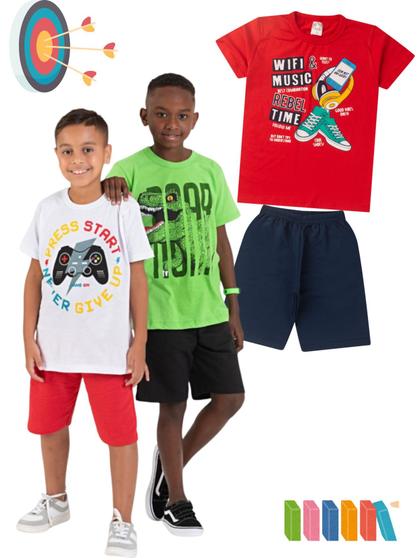 Imagem de Kit 3 Conjuntos Infantil Juvenil Menino Verão Camiseta Manga em Meia Malha e Bermuda Moletinho com Elástico