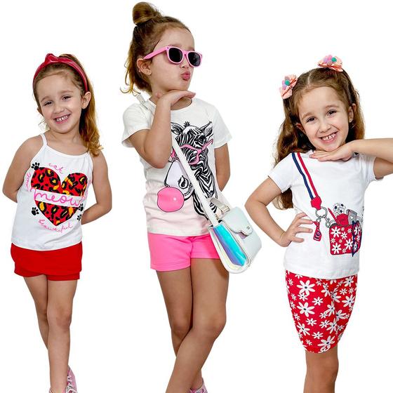 Imagem de Kit 3 Conjuntos Infantil Menina 6 Peças Camisetas e Shorts