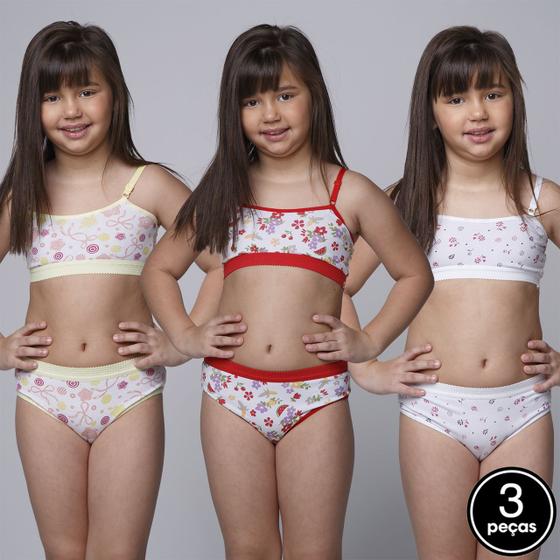 Imagem de Kit 3 Conjuntos Infantil Menina Moça Sutiã Calcinha Estampado