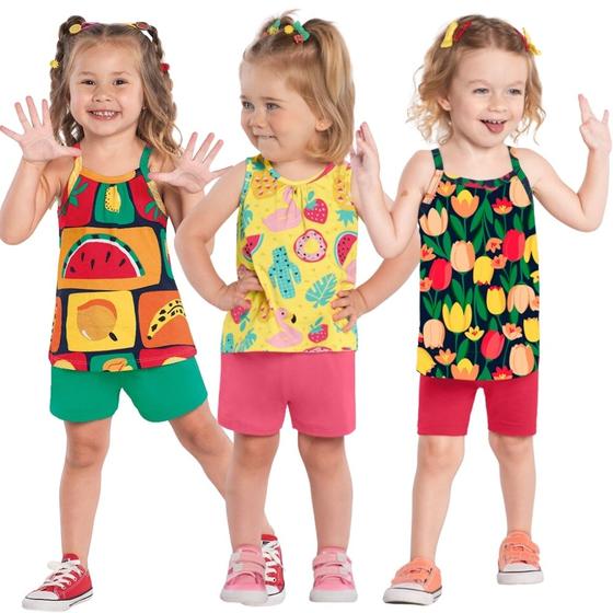 Imagem de Kit 3 Conjuntos Kyly Menina Infantil Verão Blusa Manga Curta e Short Confortável Moderno