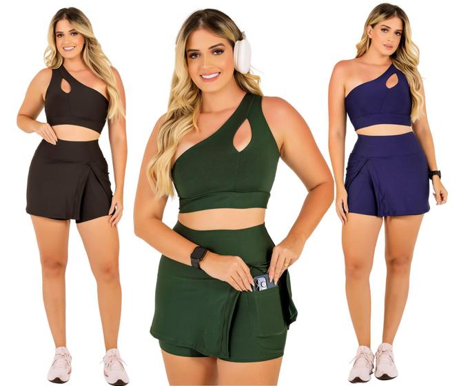 Imagem de Kit 3 Conjuntos Short Saia e Top Cropped Fitness Moda Evangélica Academia Treino Ginástica Beach Tennis The Start