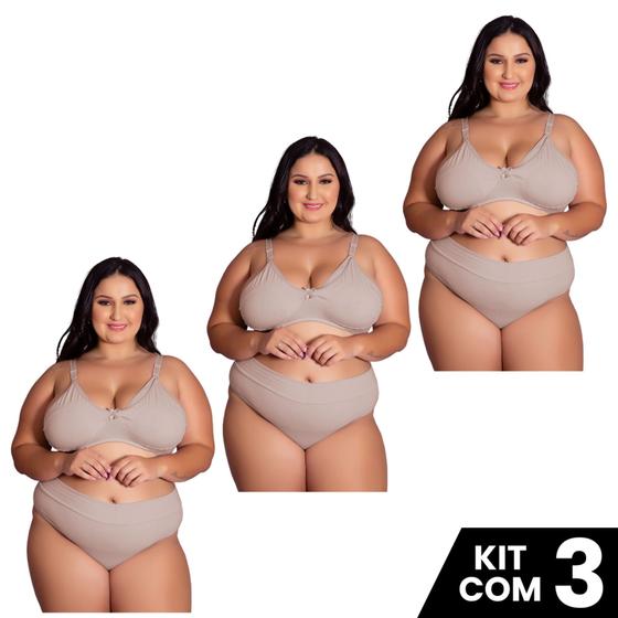 Imagem de Kit 3 Conjuntos Sutiã e Calcinha Cotton Amamentação Plus Size Tamanho Grande Ajustavel Moda Maternal