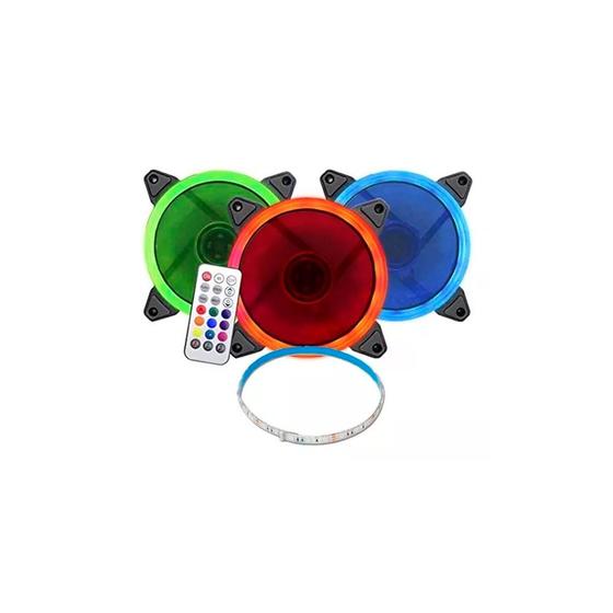 Imagem de Kit 3 Cooler C/led 120mm Rgb Com Fita De Led E Controle Dex - Dx123-a