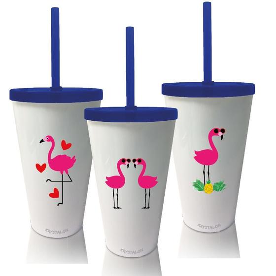 Imagem de Kit 3 Copos Com Tampa E Canudo ul Flamingo Das Crianças