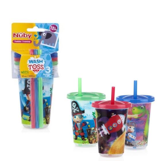 kit 3 Copos Decorado Infantil 300ml Nuby com Tampa e Canudo Menor preço em kit 3 Copos Decorado Infantil 300ml Nuby com Tampa e Canudo