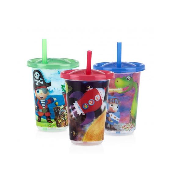 Kit 3 Copos Decorados Canudo 300ml +12m Boysl Nuby Menor preço em Kit 3 Copos Decorados Canudo 300ml +12m Boysl Nuby